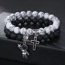 1 Set 2pcs Street Style Design White Turquoise & Lava Stone Beaded Astronaut & Hollow Cross Drop Oil Contrast Color Bracelet Kit For Couples And Festival Gift