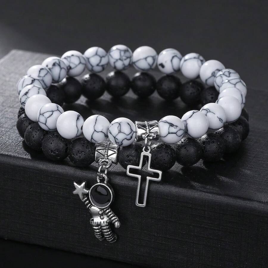 1 Set 2pcs Street Style Design White Turquoise & Lava Stone Beaded Astronaut & Hollow Cross Drop Oil Contrast Color Bracelet Kit For Couples And Festival Gift