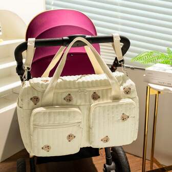 2025 New Korean Large Capacity Mommy Travel Bag, Suitable For Dads; Multi-Pocket Utility Design With Functional Compartments To Store Various Baby Essentials; Top Zipper Flap Cover For Easy Access To Clothes And Items; Adorned With Cute Bear Patch Decoration For Extra Fun