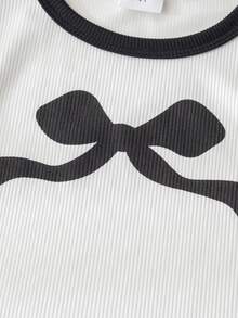 Young Girls Summer Bowknot Printed Ribbed Tank Top And Solid Floral Skirt Set - White - View 4