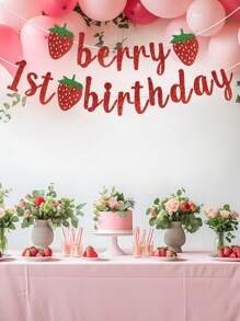 1set Red Strawberry Style Pull Flag, Fresh Strawberry Style Birthday Paper Banner, Birthday Party Decoration, 1st Birthday Decor, Babe Shower Decor Gender Reveal Decor, Home Decor Room Decor, Wall Decor, Party Decor, Party Favor, Backdrop Decor, Background Decor Party Accessories, Photo Props