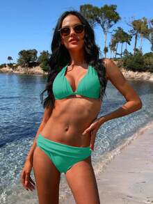 Fisoew Women's Halterneck Tie Top Push Up Bikini Set - Sexy Two Piece Swimsuit Y2K 2024 Summer High Waisted Beach Vacation Swimwear - 綠色 - 查看 4