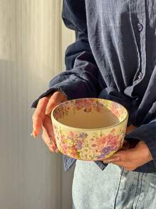 1pc 4.5 Inch Ceramic Bowl, Gorgeous Floral Glazed Design, INS Style Tableware, High Foot Rice/Soup Bowl,School Supplies