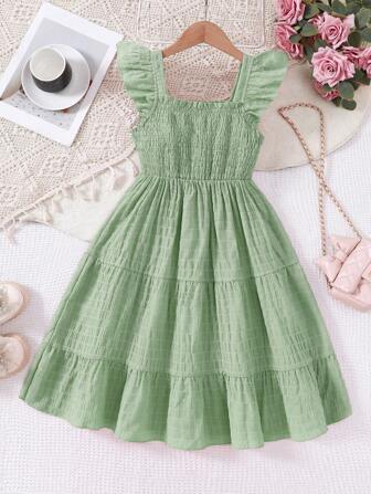 Vestido informal de vacaciones de primavera/verano para niñas preadolescentes con cuello cuadrado, mangas de casquillo y cintura fruncida, en tela texturizada