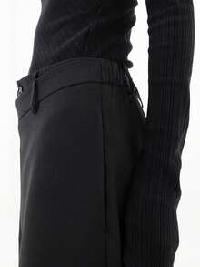 120g Woven Fabric Asymmetric Waist Double-Buckle High-Waisted Casual Loose Wide-Leg Pants For Women, Minimalist Solid Color - Black - View 8