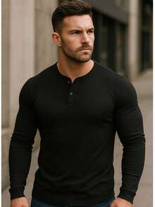 Men's Henley T-Shirt Premium Long Sleeve Slim Fit Cotton With Elastane - màu đen - Xem 2