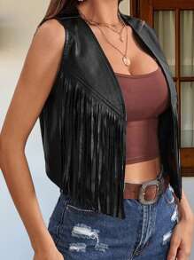 Womens Leather Tassel Vest 70s Hippie Costume Sleeveless Cowgirl Western Outerwear