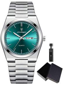 1pc Fashion Waterproof Luminous Stainless Steel Watch For Man With Date Week Display Casual Quartz Men's Watches Suitable For Daily Wear Male Wristwatch+Box