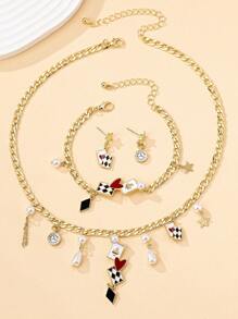 Juego de joyas elegante y lujoso con diseño de naipes que incluye aretes, pulsera y collar, perfecto para mujeres en citas, vacaciones, fiestas y como regalo
