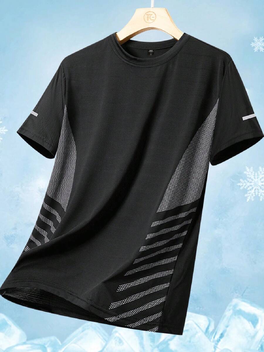1 pieza Camiseta de mujer de secado rápido, camiseta de manga corta de cuello redondo de seda de hielo, sudadera elástica transpirable de secado rápido, adecuada para entrenamiento fitness de mujeres - Negro - Ver 1