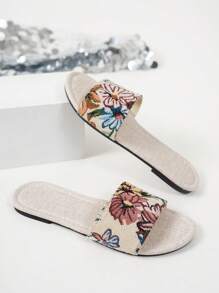 Flat Women Slippers Sandals, Minimalistic Elegant Flat Flower Printed Strap Slip-On