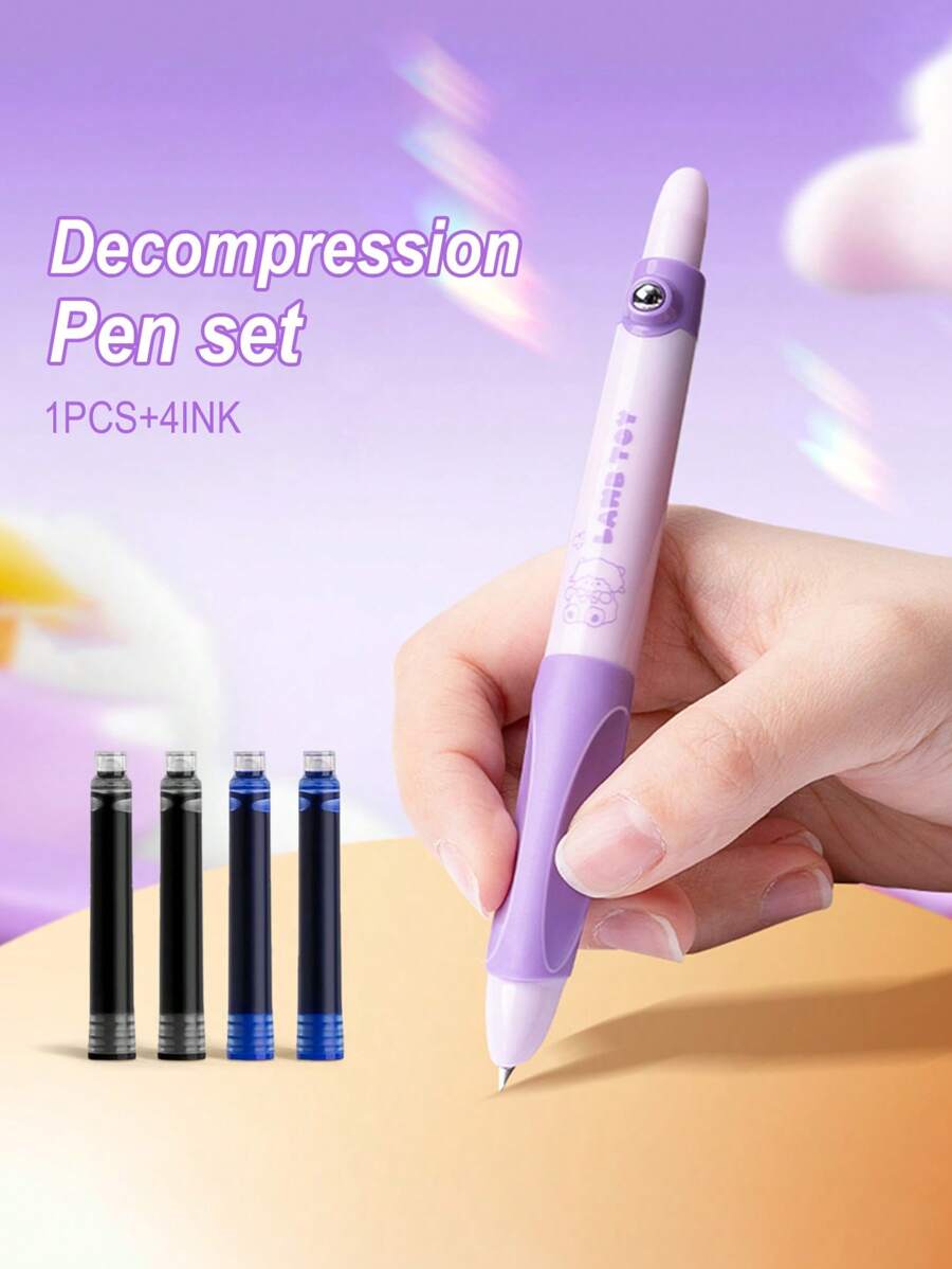 1 Stück Entspannungs- und Belastungsreduzierender Füller, sehr attraktiv, süßer Drucktyp Pinsel Stift, speziell für Studenten (2 blaue Tintenkapseln, 2 schwarze Tintenkapseln gratis), austauschbare Tintenkapseln, korrigierende Griffhaltung, Schreibstifte, Anfänger Stifteset für Kinder