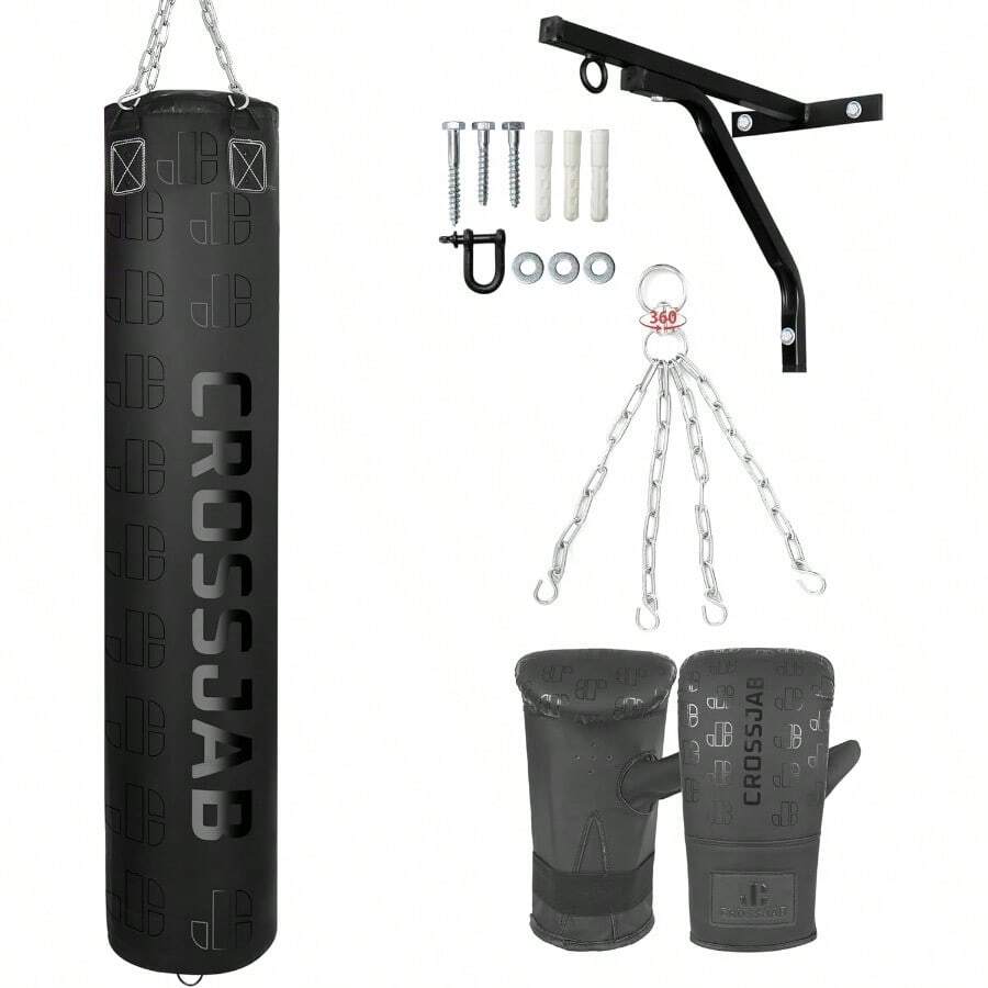 CROSS Filled 3ft 4ft, 5ft Boxing Punch Bags With Gloves, Chain & Wall Bracket - Black - View 1