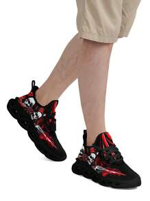 Zapatos de senderismo transpirables para hombres con impresión de calavera y espada, con ajuste ancho, suela con cuchilla, livianos, antideslizantes, amortiguación de impactos, aptos para uso casual