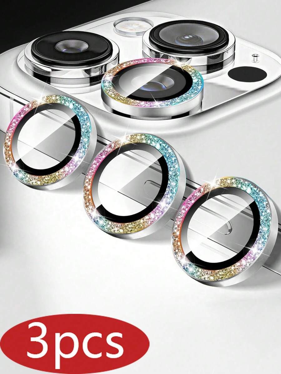 3pcs Camera Lens Protector Film Compatible With Iphone 16 Pro/16 Pro Max, Luxury Metal Rhinestone Ring Design 9H Hardness Anti-Scratch Protective Film, Friendly Phone Accessories - Multicolor - View 1
