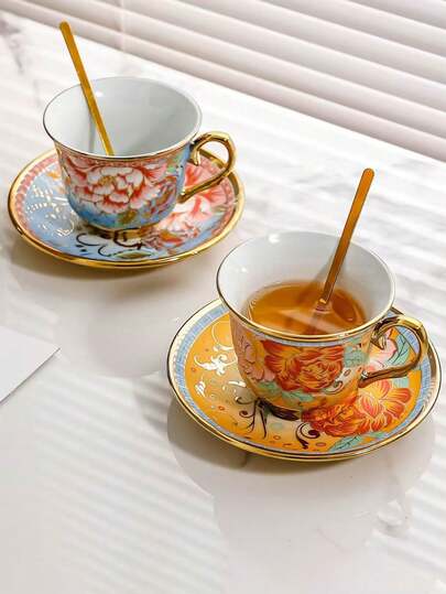 1pc Ceramic Coffee Cup & Saucer Set, High-End Exquisite Luxury Dedicated Cup, Business Guest Tea Cup, Afternoon Tea Ware