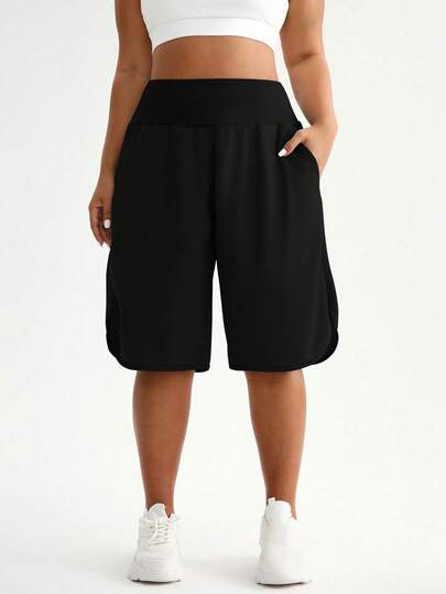 Plus Size Women's Summer Solid Color Daily Casual Wear Fitness Yoga Shorts With Side Pockets