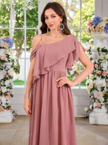 Abito da cocktail, cerimonia, serata formale, invitato a matrimonio, in chiffon minimalista, sexy, spalla asimmetrica