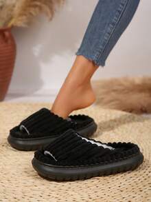 Women's EVA Thick Sole Slippers - Fabric Upper And Inner Material - Home Relaxation Fashionable Slides - Black - View 9