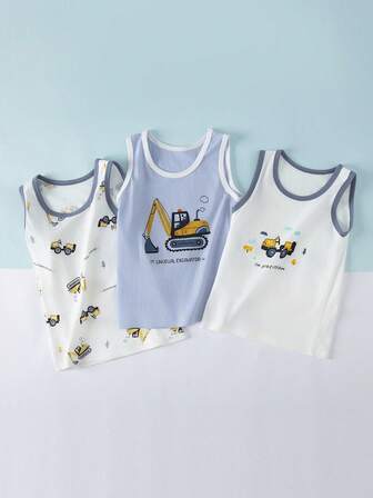 3pcs/Set Boys' Summer Cotton Casual Vest, Young Boy Thin Cartoon Excavator Print Cotton Camisole Singlet