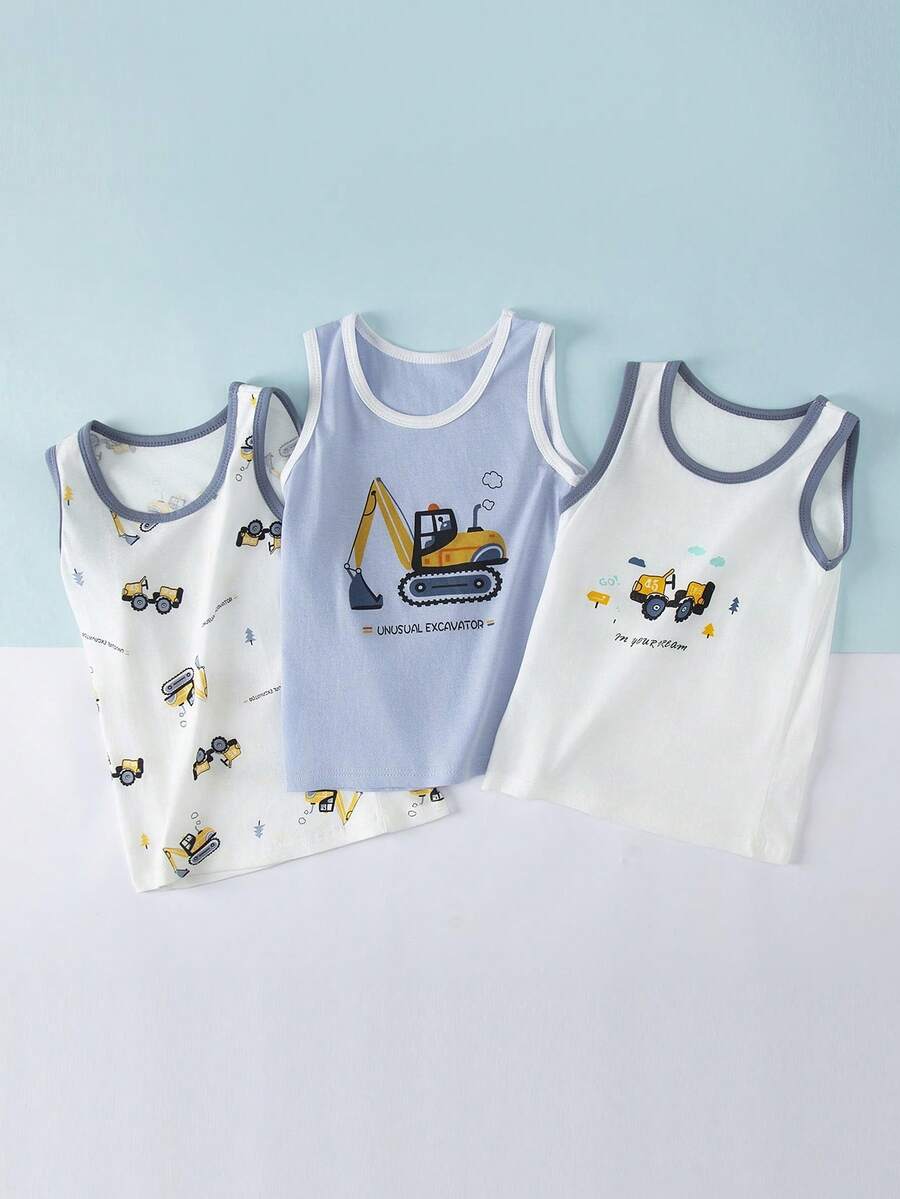 3pcs/Set Boy Summer Casual Top, Young Boy Thin Cartoon Excavator Print Camisole Singlet