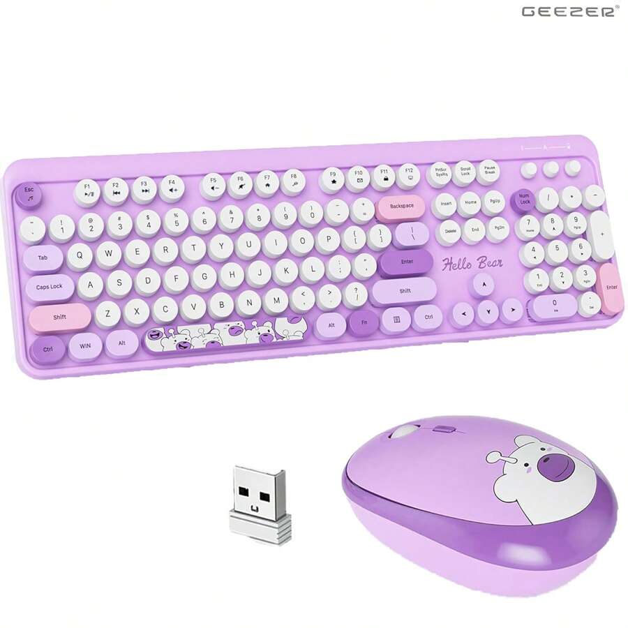 MOFII Ergonomic 2.4G Plug And Play Wireless Keyboard And Mouse Combo 104 Keys Coloful Retro Round Keycaps Wireless Keyboard For ,Windows(2000/Vista/XP/7/8/10/Visa)-Purple