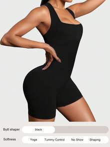 Aaseow Abbigliamento sportivo da donna, tuta sportiva basic a costine senza cuciture, tuta sportiva a costine di colore unito, tuta jumpsuit elastica, tuta jumpsuit modellante per primavera ed estate - nero - Visualizzare 3