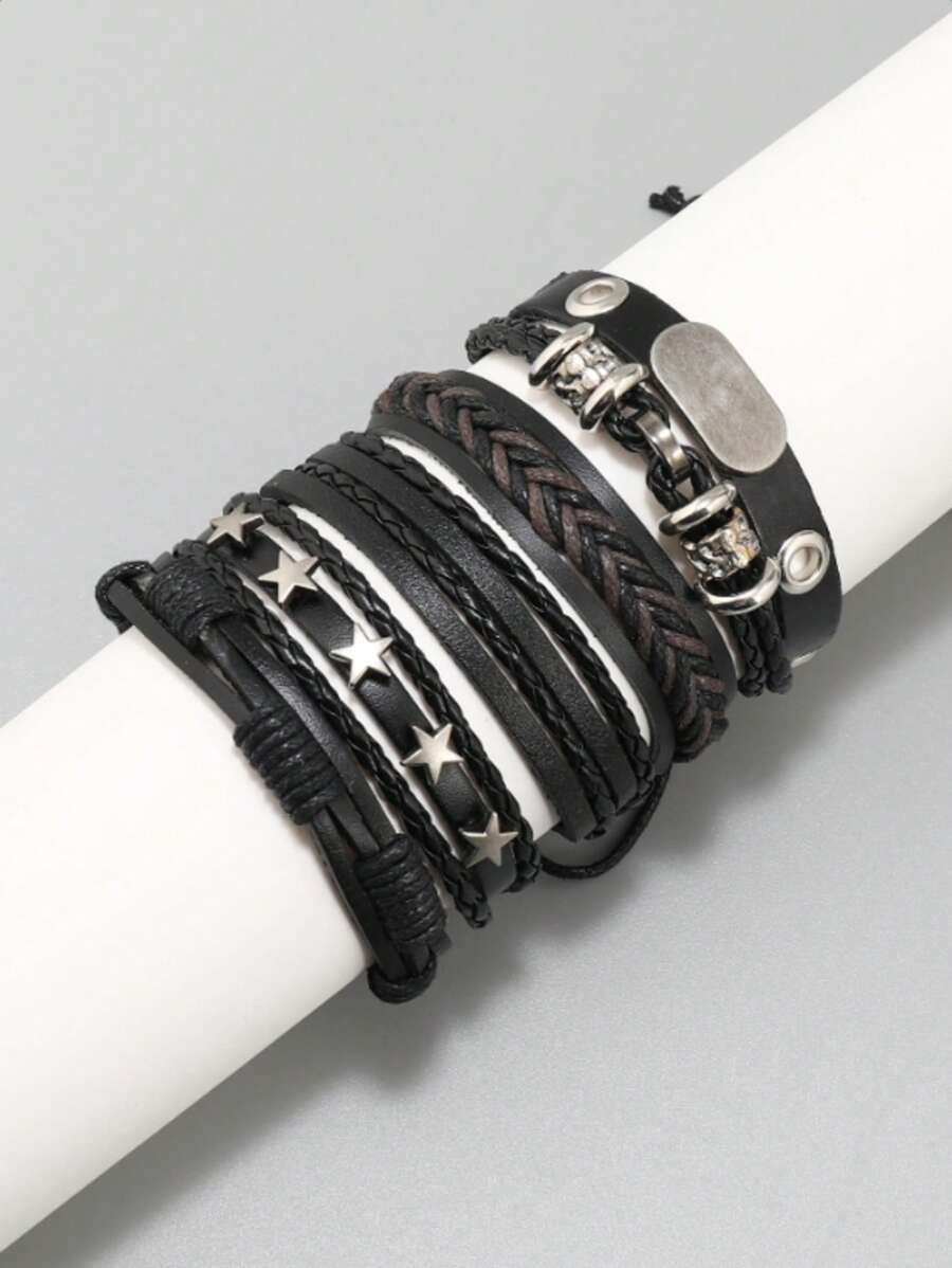 Set de 5 pulseras negro tejido estilo gótico para hombres