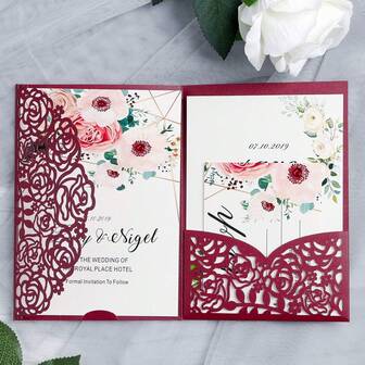 10Pcs 5x7 Inch Tri-Fold Laser Cut Wedding Invitations With RSVP Cards Personalized Burgundy Invitation Cards Pocket For Wedding Birthday Bridal Shower Party Invite Supplies (Without Envelopes),Wedding Decor,Home Decor ,Room Decor Party Favors Bride Gifts Graduation Birthday Decorations Party Decorations Bachelorette