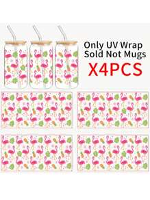 4pcs/Set UV DTF Transfer Stickers, Flamingo & Pineapple Pattern Design Decals, DIY Waterproof Transfer Stickers For Cups, Mugs, Glass, High Quality, Waterproof & Scratch-Resistant