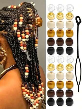 60pcs Woven Wooden Bead + 6pcs Colorful Hair Jewelry Braid Accessories Hair Decoration Cute Braid Decor Jewelry Making Kit Hair Clips, School Stuff, Hair Accessories