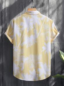 男士夏季棕榈树印花短袖休闲衬衫 - 黃色 - 查看 2