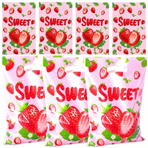 50 piezas Bolsas de regalo con diseño de fresa para fiestas, bolsas de caramelos rosas y rojas con diseño de fresa, suministros para fiestas con tema de bayas de verano, decoraciones para cumpleaños y bodas