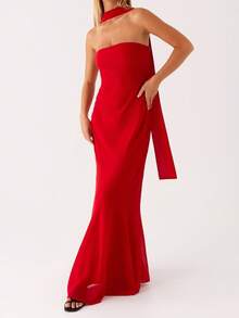 Women Y2k Floral Strapless Maxi Dress Boho Off Shoulder Sleeveless Bodycon Long Dress Summer Backless Tulle Tube Dress With Scarf - 紅色 - 查看 4