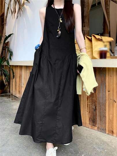 简约无袖休闲连衣裙宽松黑色连衣裙女百搭通勤长裙