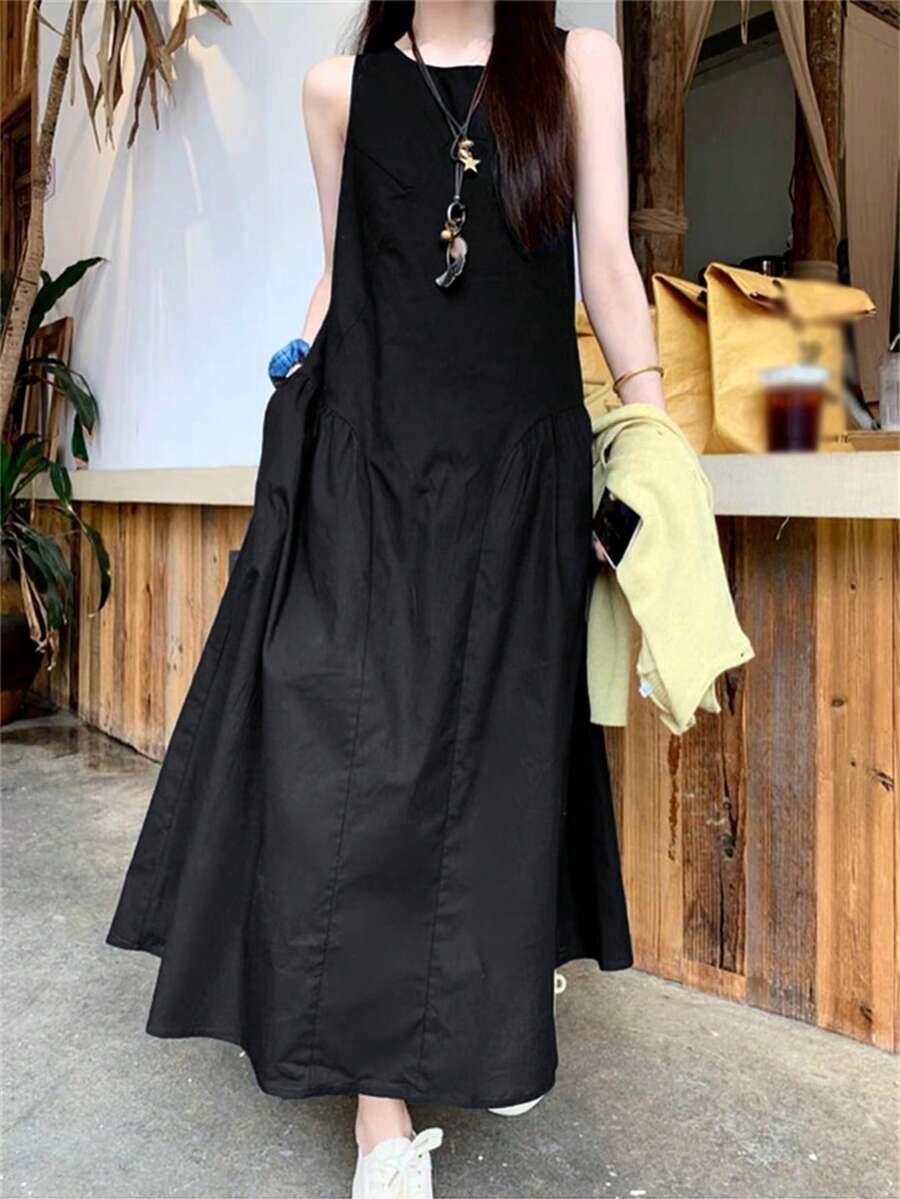 简约无袖休闲连衣裙 宽松黑色连衣裙 女士百搭通勤长裙 优雅夏季 - 黑色 - 查看 1