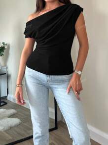 Elegant Basic Casual Peculiar Gorgeous Asymmetrical Neck Crop Top For Women, Minimalist Sexy Oblique Shoulder Fitted Short Midriff-Baring Top, Sweet Sexy