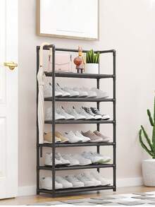 1pc Black Metal Shoe Rack With Handrail, Space Saving, Minimalist Anti-Dust Design, Sturdy, Fashionable, Easy Assemble/Disassemble, Portable, Suitable For Living Room, Bedroom, Entryway, Office, Home, Multi-Layer Storage, Holiday Gift, Children Gift - Multicolor - View 8