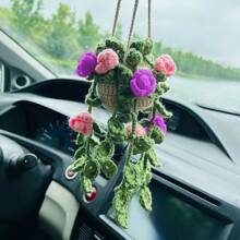 1 pieza Planta de crochet linda para espejo retrovisor de carro/decoración de habitación, accesorio colgante hecho a mano para espejo de carro estilo bohemio, adecuado para mujeres y niñas, decoración estética interior verde del carro, adorno colgante para camión para hombres