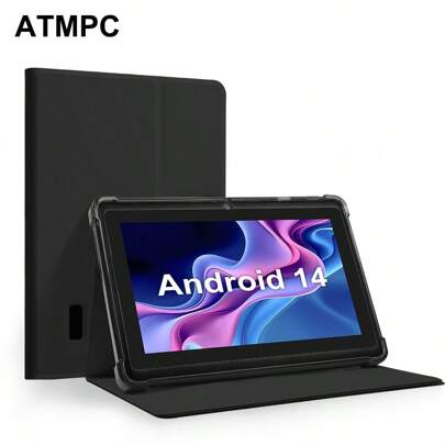 ATMPC Tableta Android 14 de 7 pulgadas ATMPC 701A, equipada con 2GB de RAM DDR, 32GB de ROM, 3500mAh, procesador de cuatro núcleos, pantalla IPS de 1024x600, cámara frontal de 30 píxeles y trasera de 200 píxeles, Wi-Fi 802.11 b/g/n 2.4g, PC, equipada con cuatro estuches anti-caída de colores.