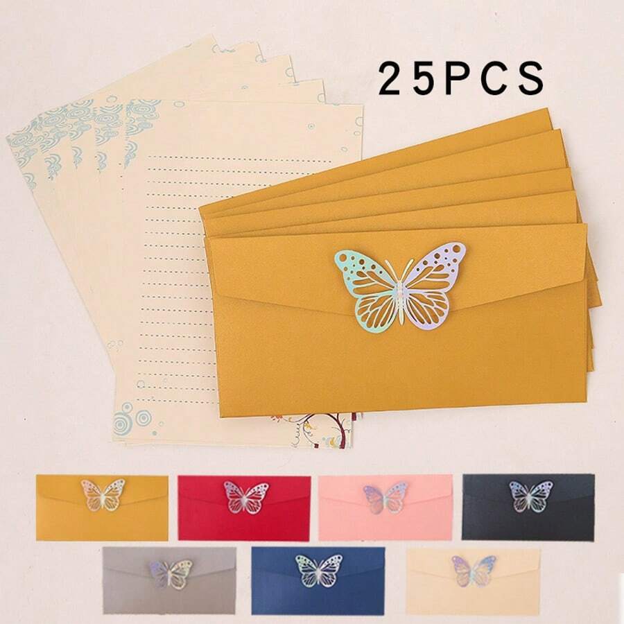 Set de 25 piezas, que incluye 15 hojas de papel para escribir, 5 sobres con decoraciones de mariposas de colores y refuerzo de perlas falsas, adecuado para cumpleaños, aniversarios, San Valentín, Acción de Gracias, Navidad, Día de la Madre y otras ocasiones de vuelta a la escuela