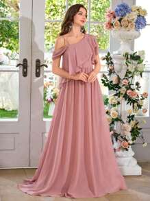 Abito da cocktail, cerimonia, serata formale, invitato a matrimonio, in chiffon minimalista, sexy, spalla asimmetrica