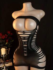 Sexy Black Mesh Bodystocking Lingerie With Strapless Design , Elegant One-Piece Mesh Suit For Women, Polyamide Fabric, Knit Construction, Perfect For Adult Wear, Adult Lingerie Strapless Bodystocking Polyamide Fabric, Rave
