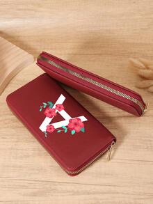 Burgundy Bag Charry Red Bag Wine Red Bag, A-Z Letter Print Fold Over Long Wallet Women Fashion Modern Business Slim Portable Versatile Large Capacity Credit Card Zipper ID Card Money Cash Storage Business Casual Perfect School College Work Business Commute Teachers' Day Back To School Holiday Office For Birthday Gift On Valentine Day Lady Female Women White-Collar Workers College Student,Bag School Supplies For School Dorm Room & Back To School - Burgundy - View 1