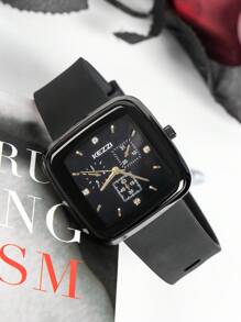 KEZZI 1 pieza Reloj de cuarzo cuadrado estiloso y simple con correa de silicona negra unisex, de moda casual adecuado para uso diario