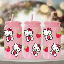 Sanrio 1 pieza Botella de agua de plástico rosa de 16 oz con estampado de Hello Kitty de Sanrio, adecuado para café, bebidas, cerveza, leche, jugo, un gran regalo de hidratación de verano para ella (con pajita reutilizable)
