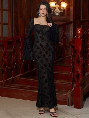 PARTHEA 露背系带美人鱼下摆喇叭袖蕾丝紧身褶皱长裙