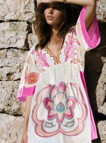 Vestito casual con stampa floreale boho, abbigliamento occidentale da donna, abito da festival musicale bohémien per vacanze estive e spiaggia, dolce abito stile babydoll; Abito aderente a maniche a pipistrello, scollo a V profondo, con stampa, per festa e club, abbigliamento da concerto