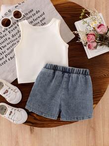 2pcs/Set Baby Girl Minimalist Sleeveless Top With 3D Bow Decor & 3D Bow Detail Denim Shorts Set, Summer - Apricot - View 3