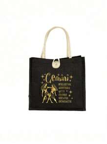 Geantă tote cu model de constelație aurie și geantă mică cu model de constelație, geantă tote neagră din in